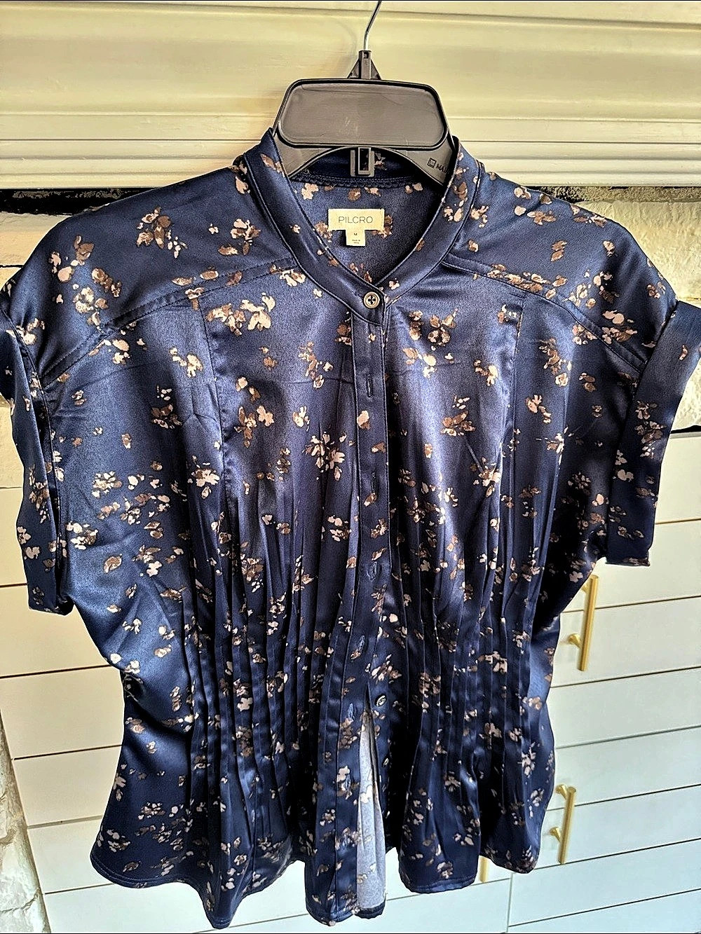 Anthropologie Pilcro The Linden Silky Pleated Waisted Blouse Blue & Gold Medium